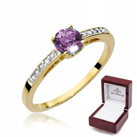 Złoty 14K Pierścionek Zaręczynowy Ametyst Diamenty