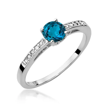 Złoty 14K Pierścionek Topaz London Blue Brylanty