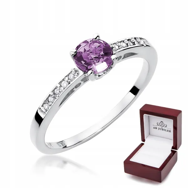 Pierścionek Białe Złoto Ametyst Diamenty Grawer