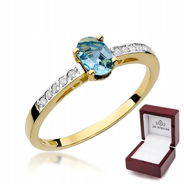 Złoty 585 Pierścionek Zaręczynowy Topaz Brylanty