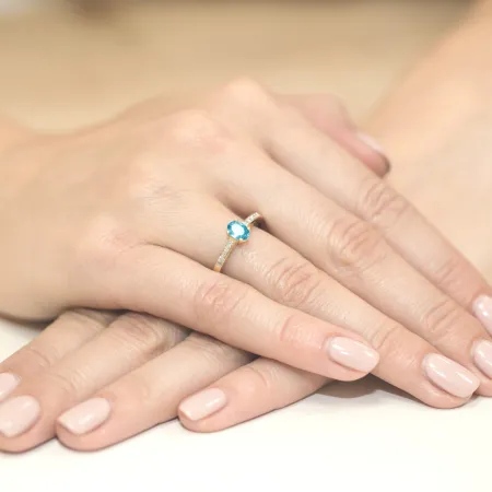 Złoty 585 Pierścionek Zaręczynowy Topaz Brylanty