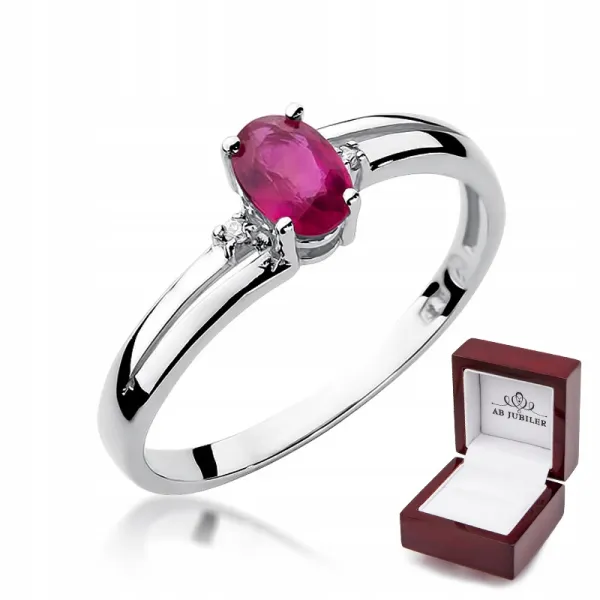 Pierścionek Białe Złoto Rubin Diamenty Próba 585