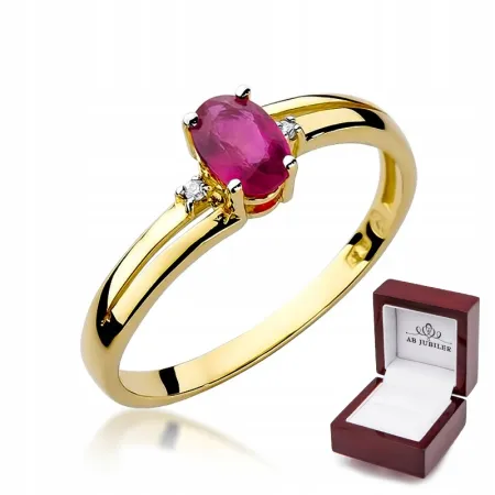 Złoty 14K Pierścionek Rubin 0,60ct Diamenty Grawer