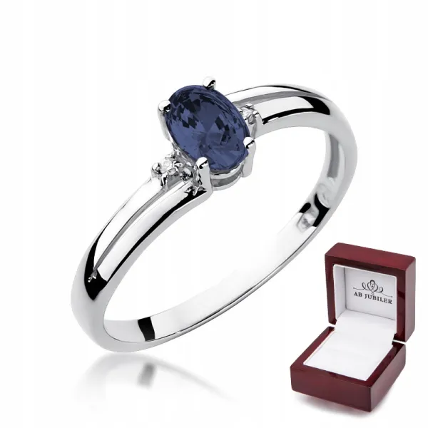Pierścionek 585 Szafir Diamenty Białe Złoto Grawer