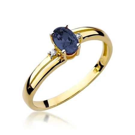 Pierścionek 585 Szafir Diamenty Białe Złoto Grawer