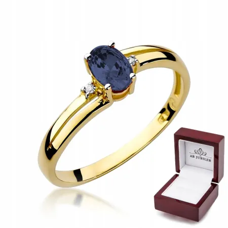 Złoty 14K Pierścionek Zaręczynowy Szafir Diamenty