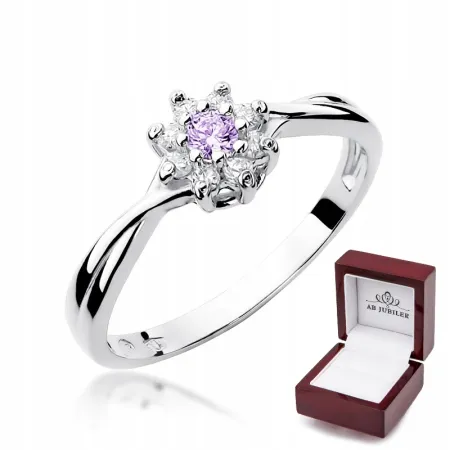 Pierścionek 585 Białe Złoto Ametyst Brylant Grawer