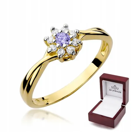 Złoty 14K Pierścionek Tanzanit Brylanty na Prezent
