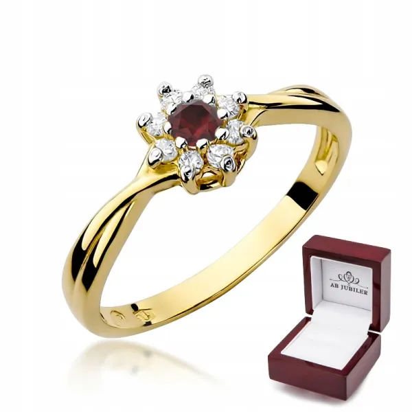 Złoty 14K Pierścionek Rubin Brylanty na Prezent