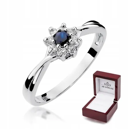 Pierścionek Zaręczynowy Białe Złoto Szafir Diament