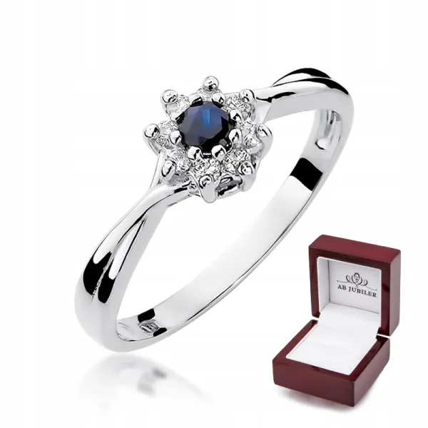 Pierścionek Zaręczynowy Białe Złoto Szafir Diament