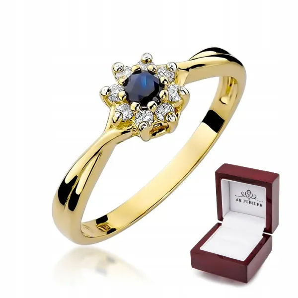 Złoto 14K Pierścionek Zaręczynowy Szafir Diamenty