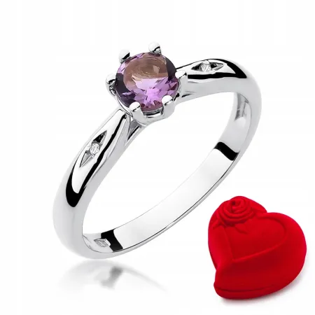 Pierścionek 585 Białe Złoto Ametyst Diament Grawer
