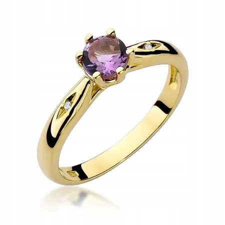 Pierścionek 585 Białe Złoto Ametyst Diament Grawer