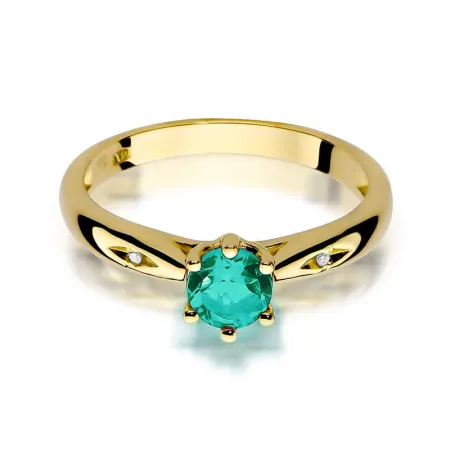 Złoty 14K Pierścionek Szmaragd Diamenty Grawer