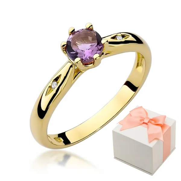 Złoty 585 Pierścionek Zaręczynowy Ametyst Diamenty