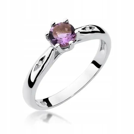 Złoty 585 Pierścionek Zaręczynowy Ametyst Diamenty