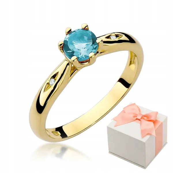 Złoty 14K Pierścionek Zaręczynowy Topaz Diamenty