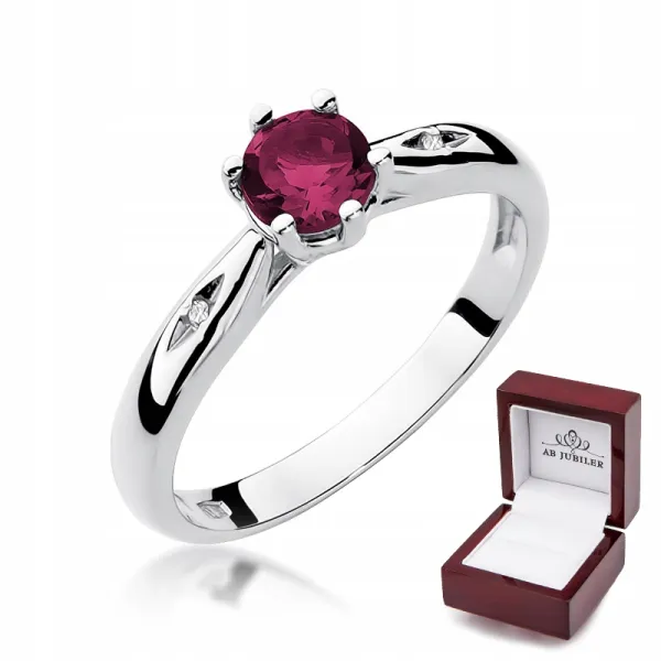 Pierścionek 585 Białe Złoto Rubin Diamenty Grawer