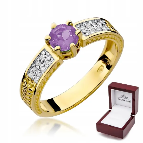 Złoty 585 Pierścionek Ametyst Diamenty Grawer