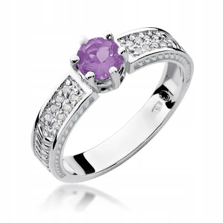 Złoty 585 Pierścionek Ametyst Diamenty Grawer