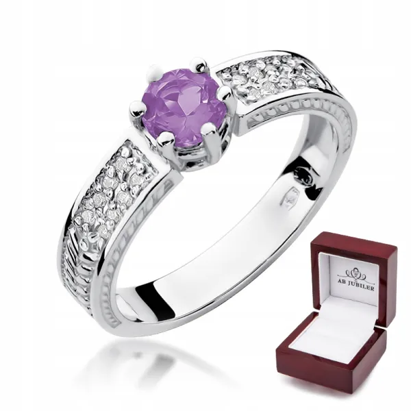 Pierścionek Białe Złoto Ametyst Diament na Prezent