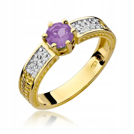 Pierścionek Białe Złoto Ametyst Diament na Prezent