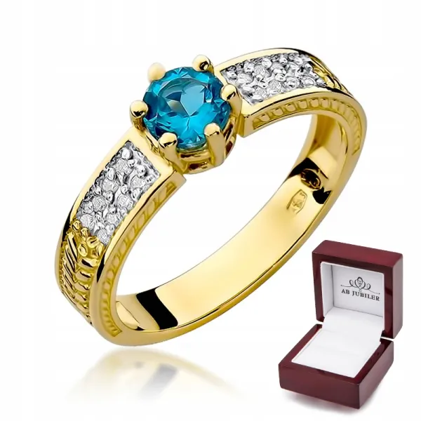 Złoty 14K Pierścionek Zaręczynowy Topaz Diamenty