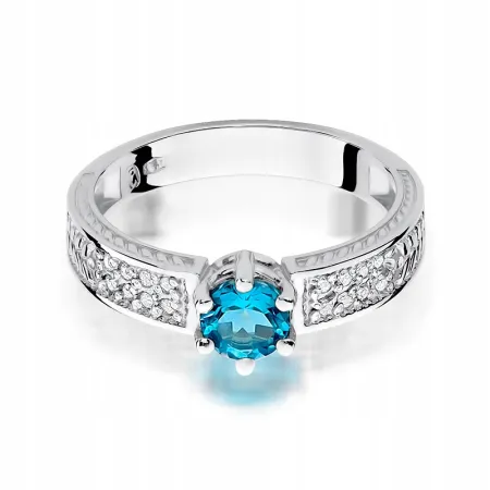 Złoty 14K Pierścionek Zaręczynowy Topaz Diamenty