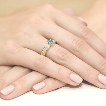 Złoty 14K Pierścionek Zaręczynowy Topaz Diamenty