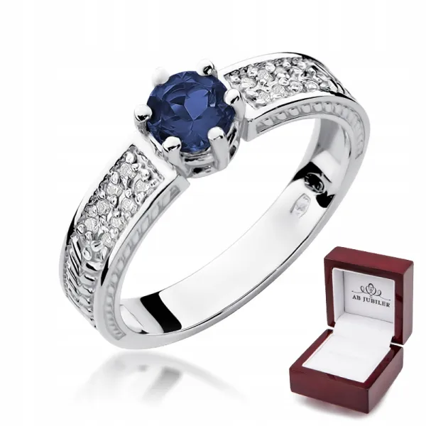 Pierścionek Białe Złoto Szafir i Diamenty Grawer