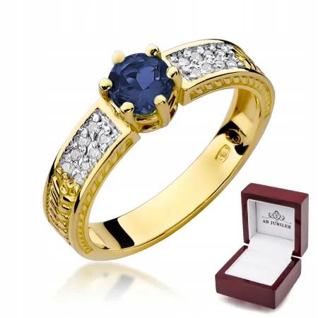 Złoty Pierścionek 585 Zaręczynowy Szafir Diamenty