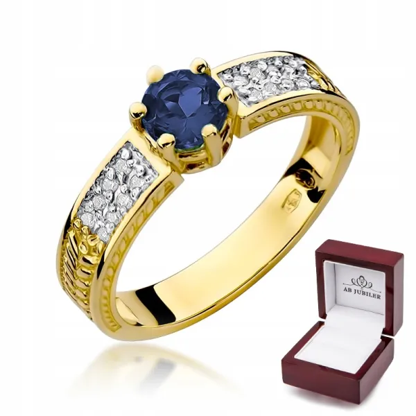 Złoty Pierścionek 585 Zaręczynowy Szafir Diamenty