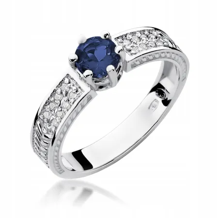 Złoty Pierścionek 585 Zaręczynowy Szafir Diamenty