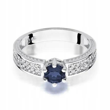 Złoty Pierścionek 585 Zaręczynowy Szafir Diamenty