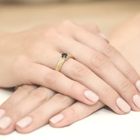 Złoty Pierścionek 585 Zaręczynowy Szafir Diamenty