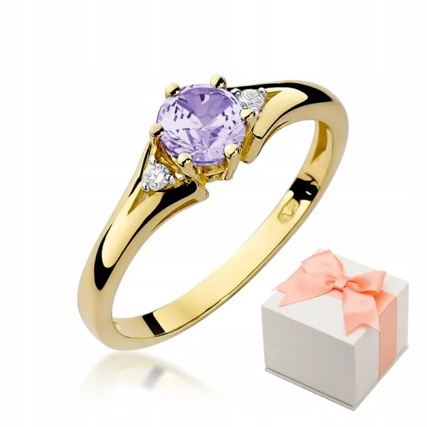Złoty 585 Pierścionek Zaręczynowy Ametyst Diamenty