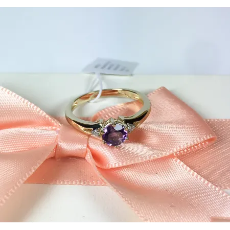 Złoty 585 Pierścionek Zaręczynowy Ametyst Diamenty