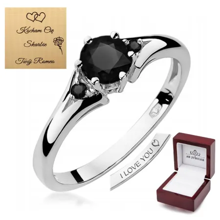 Pierścionek 14K Czarne Brylanty Białe Złoto Grawer