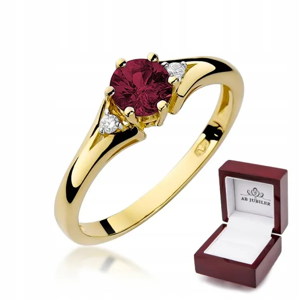 Złoty 585 Pierścionek Zaręczynowy Rubin Brylanty