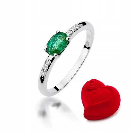 Pierścionek Białe Złoto Szmaragd Diament Próba 585