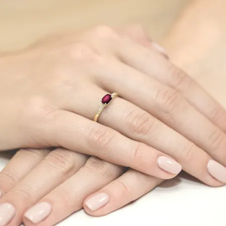 Złoty 14K Zaręczynowy Pierścionek Rubin Diamenty