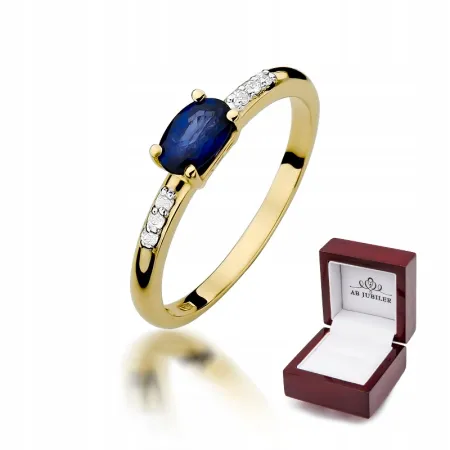 Złoty 585 Pierścionek Zaręczynowy Szafir Diament