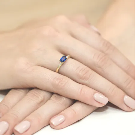 Złoty 585 Pierścionek Zaręczynowy Szafir Diament