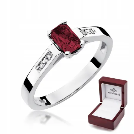 Pierścionek 585 Białe Złoto Rubin Diamenty Grawer