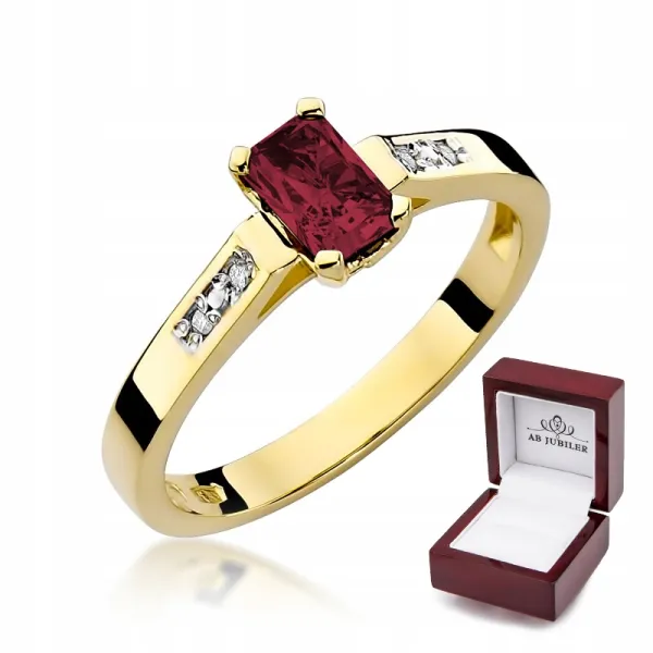 Złoty 14K Pierścionek Zaręczynowy Rubin Brylanty