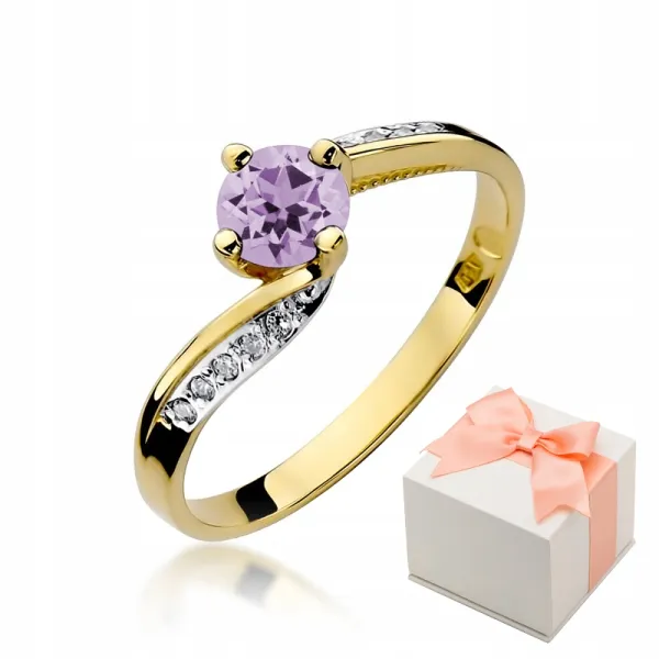 Zloty 585 Pierścionek Zaręczynowy Ametyst Diamenty