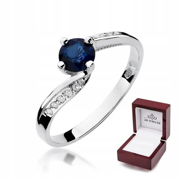 Pierścionek Zaręczynowy Szafir Diament Białe Złoto