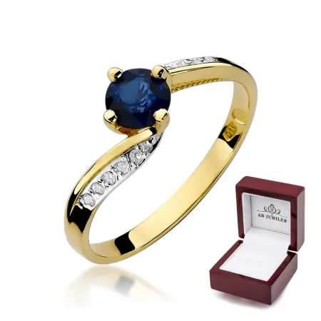 Złoty 585 Pierścionek Zaręczynowy Szafir Diamenty
