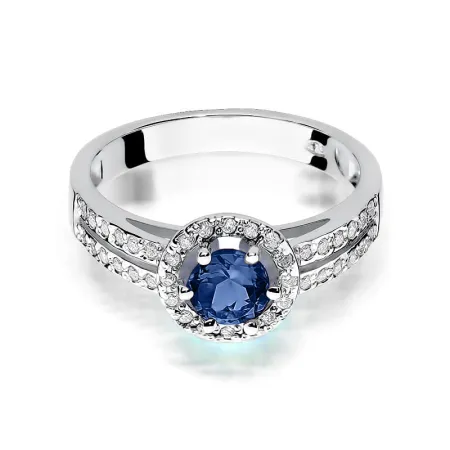 Pierścionek 14K Szafir i Diamenty Białe Złoto